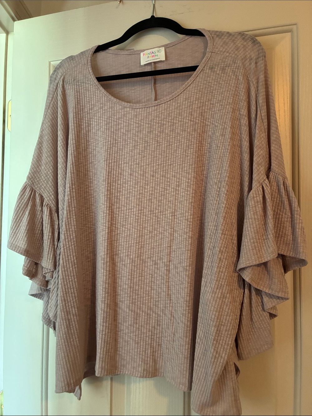 Fantastic Fawn Taupe Ribbed Ruffle Sleeve Tunic